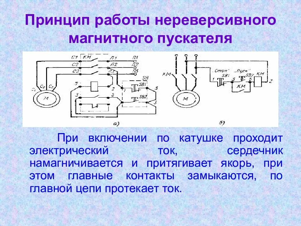 Подключение нереверсивного магнитного пускателя. Схема нереверсивного магнитного пускателя. схема включения нереверсивного пускателя. схема нереверсивного магнитного пускателя 220. принцип работы магнитного пускателя схема.
