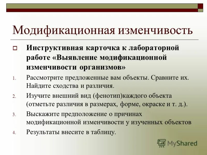 Лабораторная работа модификационная изменчивость 10 класс биология