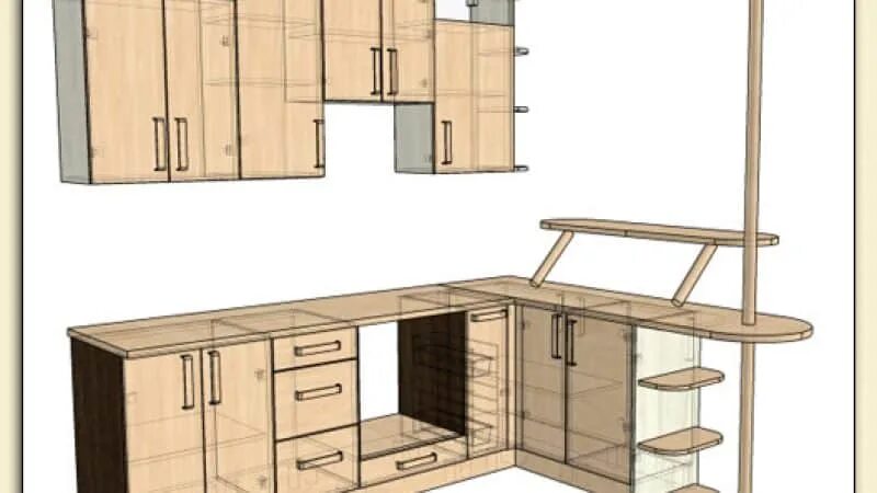 Проект угловой кухни с барной стойкой. Проекты кухонных гарнитуров из дерева. Кухонный гарнитур с барной стойкой Размеры. Каркас кухни из ЛДСП.