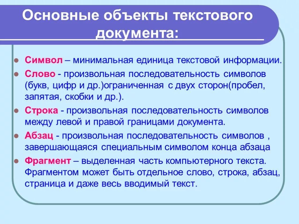 Объекты текстового документа. Основные объекты текстового документа. Перечислите основные объекты текстового документа. Основные элементы текста. Определи главную информацию текста