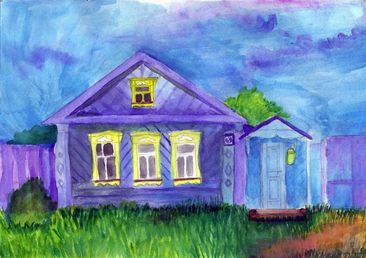 Дом рисунок. Дом в деревне рисунок. Рисование красками дом. Деревенский домик рисунок.