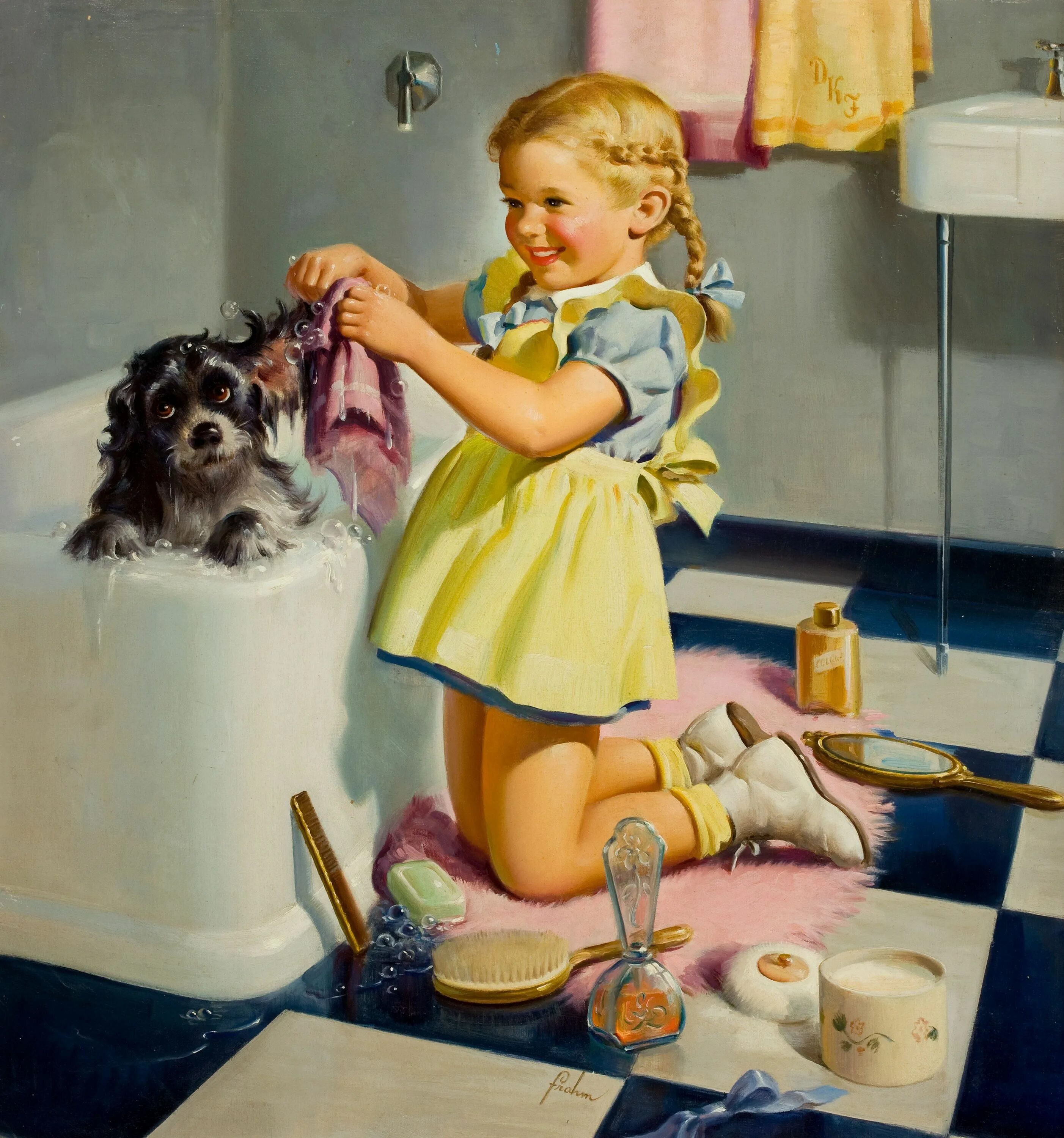 Daughter bath. Художник Henry Hintermeister. Художник-иллюстратор Art Frahm (1907-1981). Девочка с собачкой. Красивые ретро картинки.