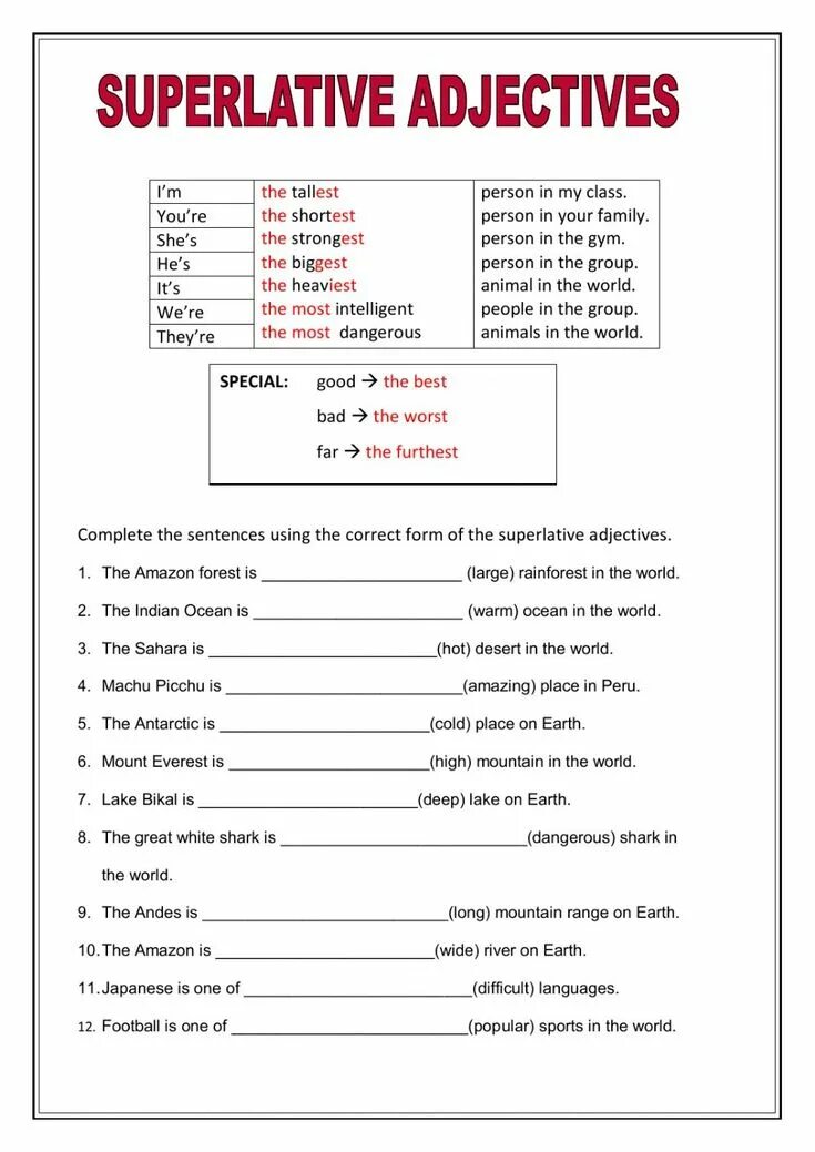 Complete the questions with superlative adjectives. Superlatives worksheets. comparatives worksheets. comparison of adjectives exercises. degrees of comparison worksheets.