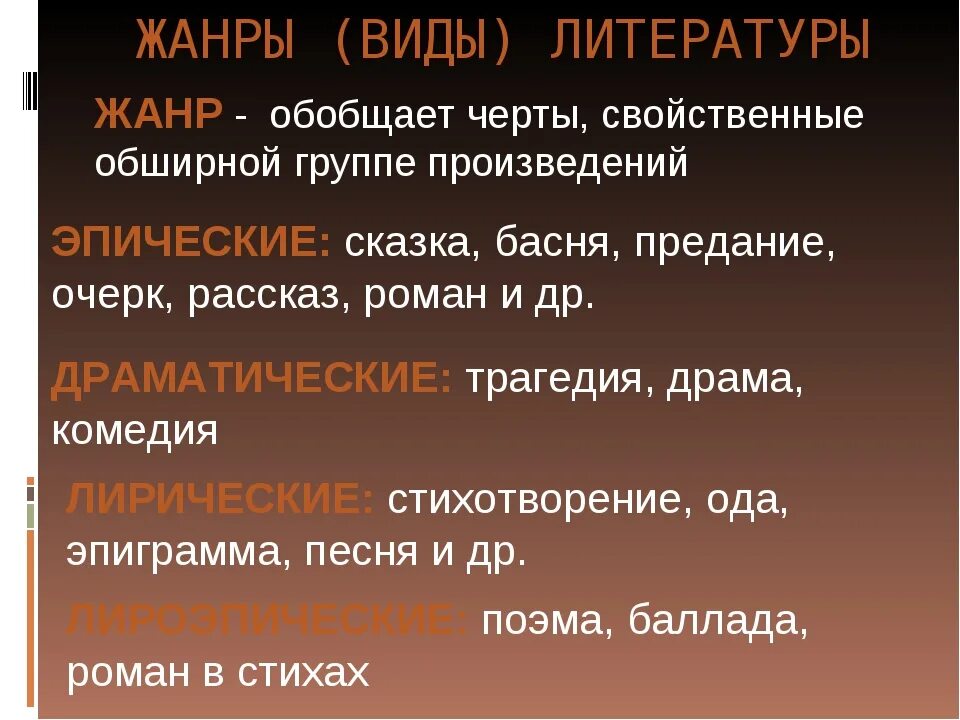 Отметь знаком все жанры литературных произведений