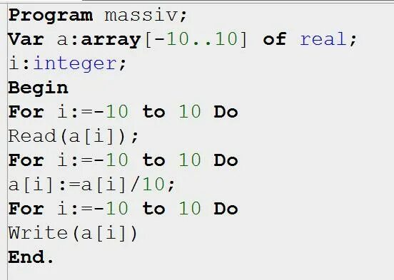 Массив 10 на 10 c. Program massiv. Program massiv var a:array 10 for real. For i:=1 to 20 do. Массив INT S[10][8].