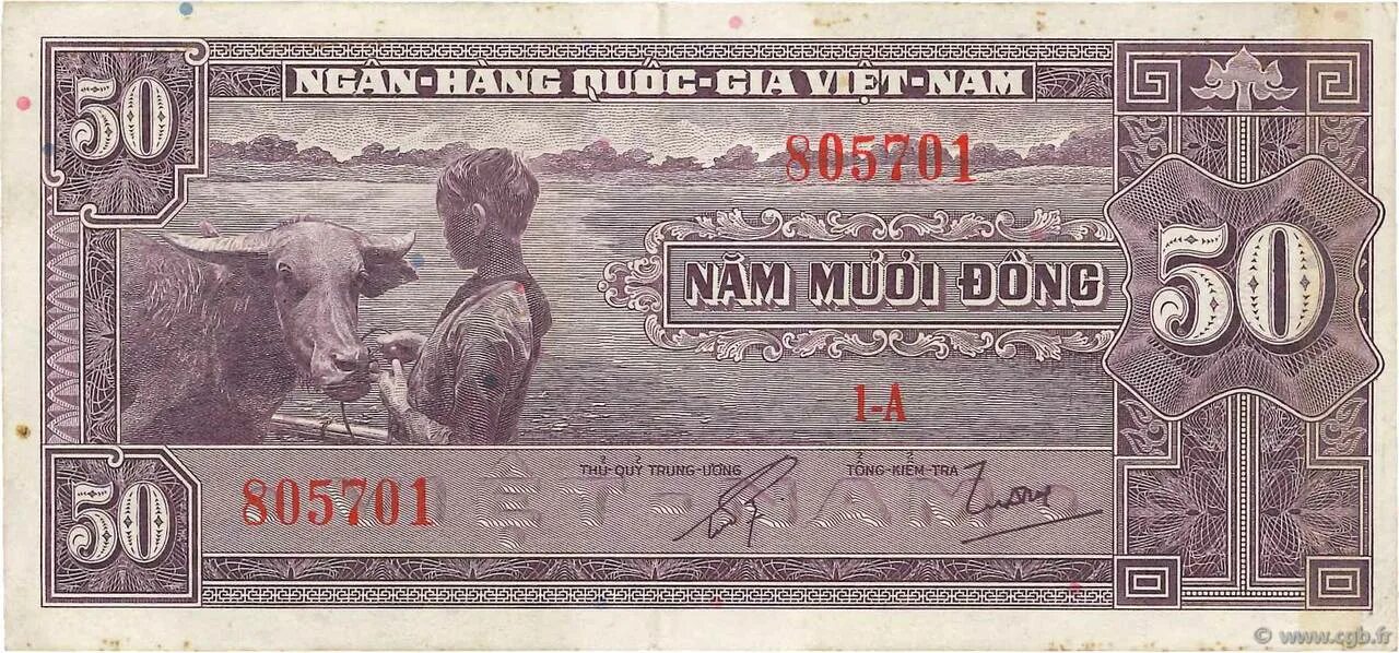 50 p s i. 50 Донгов 1956. Южный Вьетнам: 2 донга (1955-62 г.). Банкнота в 50 Вьетнам. Купюра Южного Вьетнама.