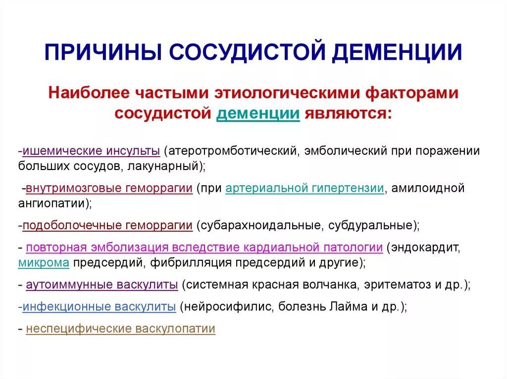 Фактор являющийся причиной заболевания. Сосудистая деменция. Причины сосудистой деменции. Сосудистая деменция клиническая картина. Сосудистая деменция неврология.