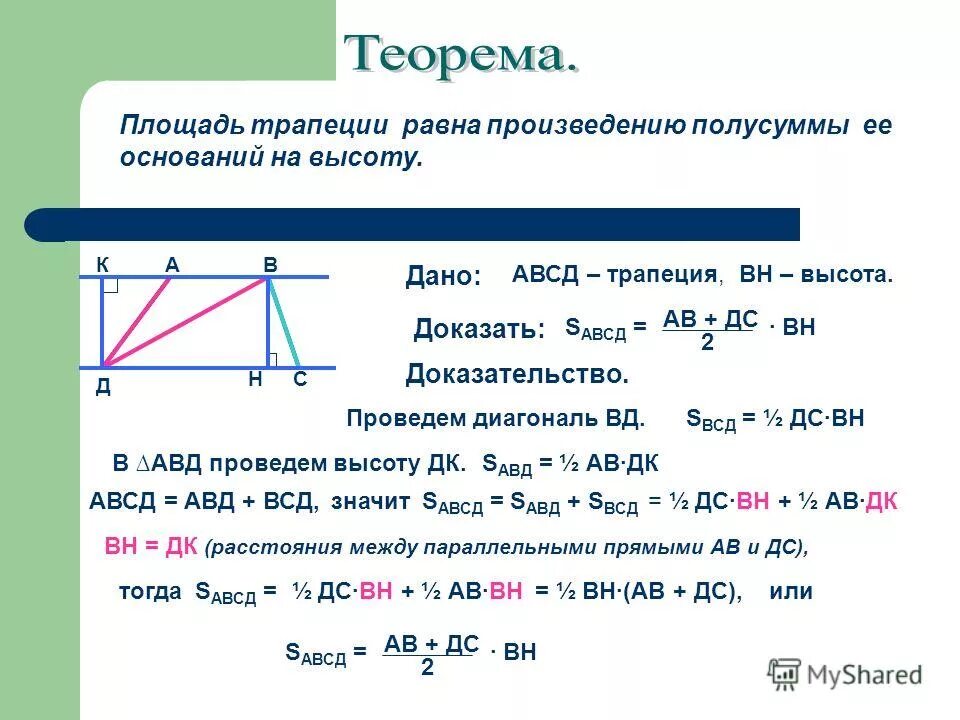 Площадь равна произведению полусуммы оснований на высоту. Теорема о площади трапеции с доказательством.