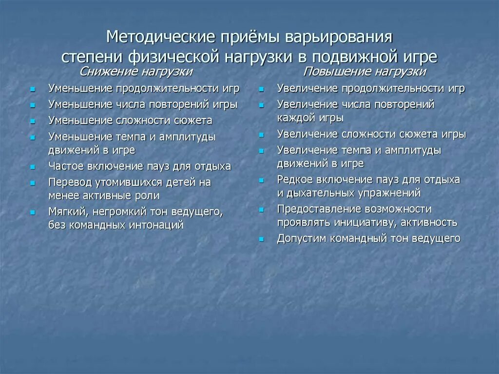 Методические приемы игры. Методический прием варьирования. Нагрузка в подвижных играх. Методические приемы в игре. Степень физической нагрузки.