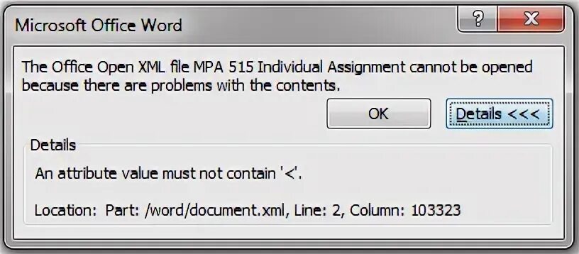 Cannot be assigned to. Cannot open file. word corrupted document error screen.