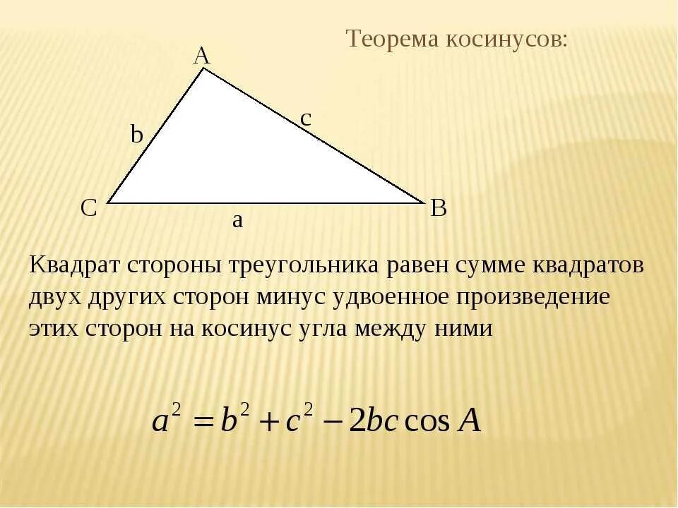 Треугольник 2 стороны и угол между ними. Формула для нахождения косинуса угла через теорему косинусов. Теорема косинусов сторона треугольника. Теорема косинусов для треугольника формула. Теорема косинусов для нахождения стороны треугольника.