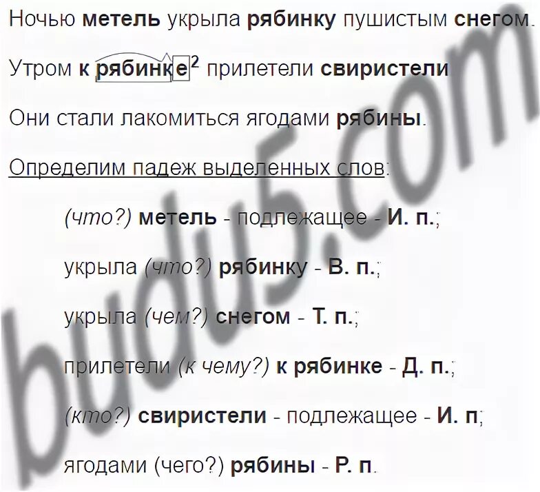 Попасть снежком падеж. Ночью пушистым снегом метель укрыла рябинку падежи. Ночью метель укрыла рябинку пушистым снегом. Русский язык 5 класс упражнение 71. Прилетели к рябинке падеж.