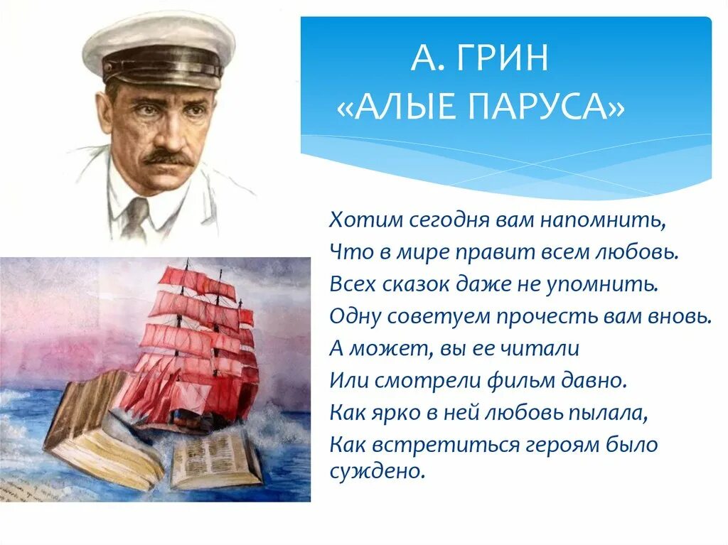 Краткий пересказ литературы алые паруса. А. Грин "Алые паруса". 100 Лет повести «Алые паруса» а. с. Грина (1923). 100 Лет Алые паруса а Грина 1922.