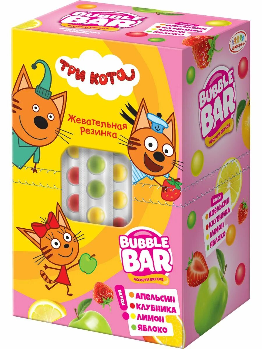 Кот бабл. Bubble bar жевательная резинка. жвачка три кота. три кота bubble bar жев. резинка в блистере 12г 10*24 (шт). фруктовая жвачка пузыри.