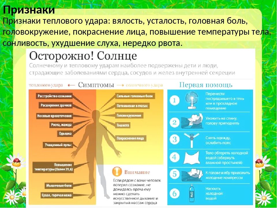 Тепловой, Солнечный удар (перегревание головы и тела).. Первая помощь при воздействии высоких температур (Солнечный удар). Симптомы перегрева теплового удара. Признаки и первая помощь при солнечных и тепловых ударах.