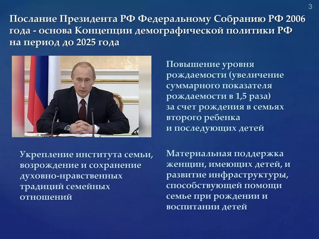 Концепция демографического развития РФ. Социальная и демографическая политика. Главное из послания президента. Политика России. Основные тезисы послания президента рф