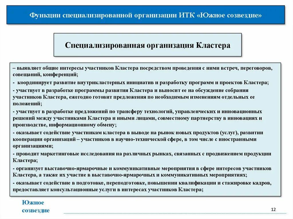 Выполнение специализированных функций. Инновационно-Технологический кластер «Южное Созвездие». Функции специализированной организации. Специализированная организация кластера. Кластер юридические лица.