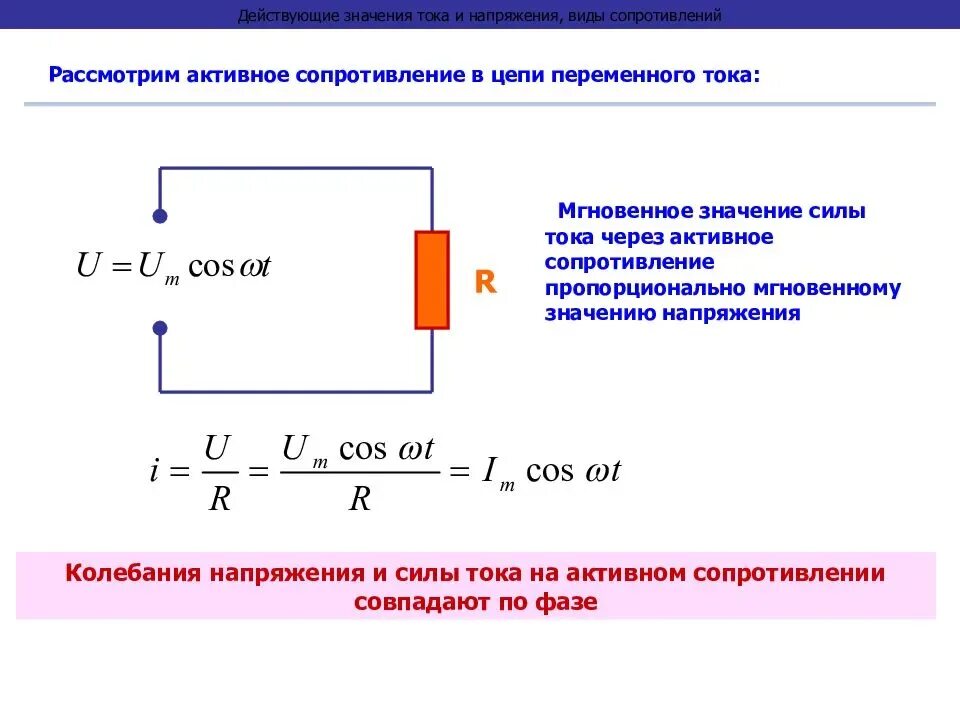 Мгновенное значение формула. Переменный ток резистор в цепи переменного тока. действующие значения силы тока и напряжения в цепи переменного тока. упрощенная схема включения в цепь активного сопротивления. действующее значение напряжения на сопротивлении.