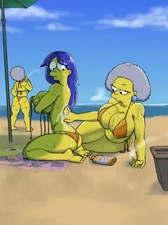 ...earrings feet female grey_hair kneel loose_hair lying_down marge_simpson ocean ...