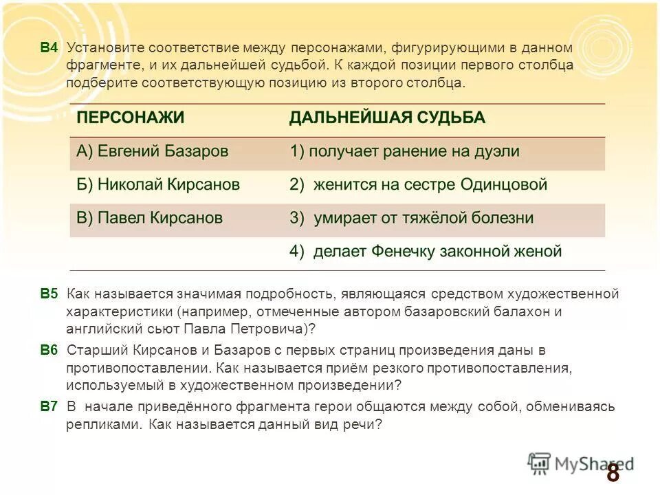 Дальнейшая судьба вопрос. Установите соответствие между персонажами фигурирующими в данном. Соответствие принадлежности между реквизитом и фрагментом:. Данная форма общения между персонажами называется. Предметная деталь в литературе.