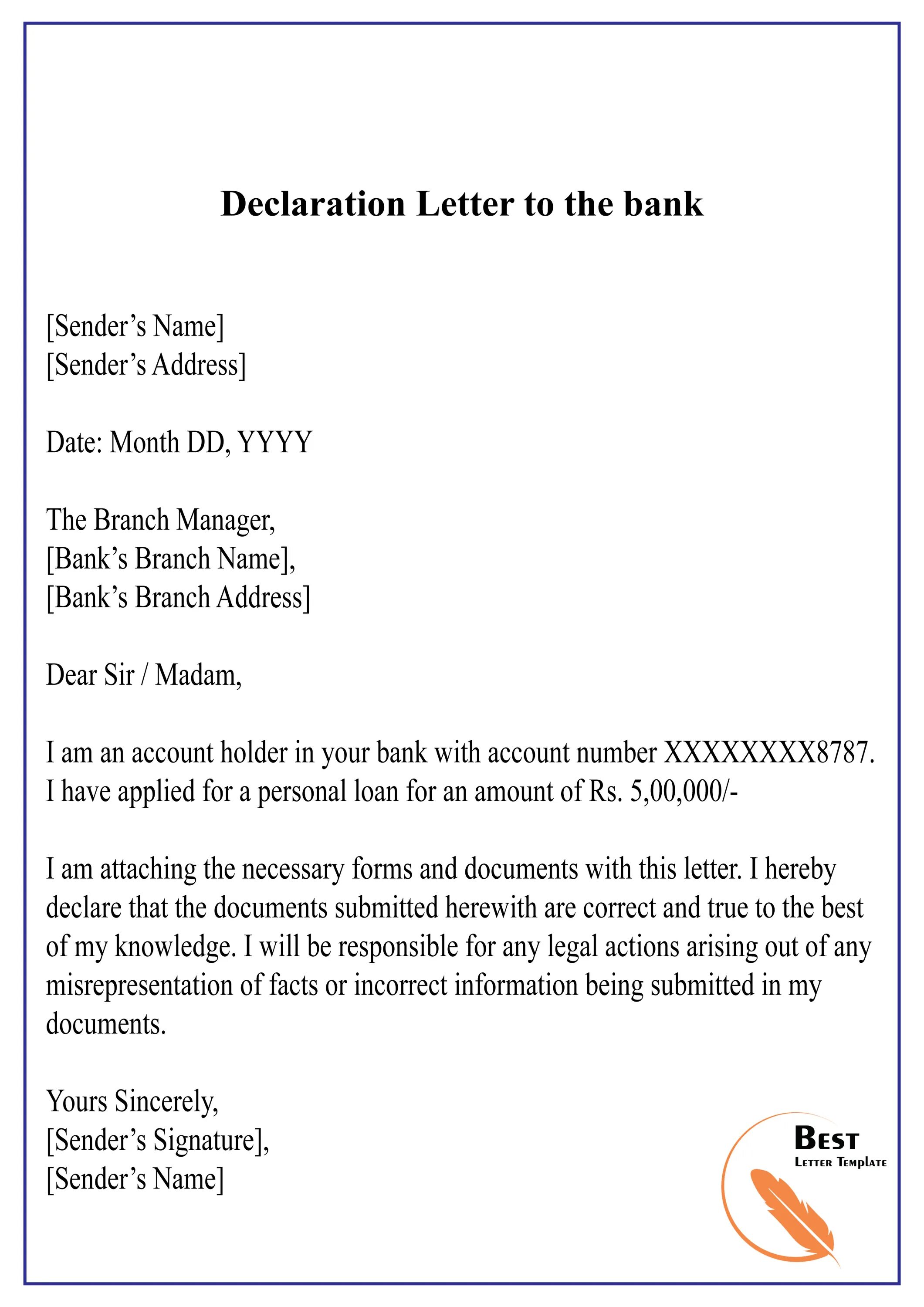 Declaration Letter Sample. Declaration of Trust. Bank Statement for Declaration. Declaration Sample Italy.