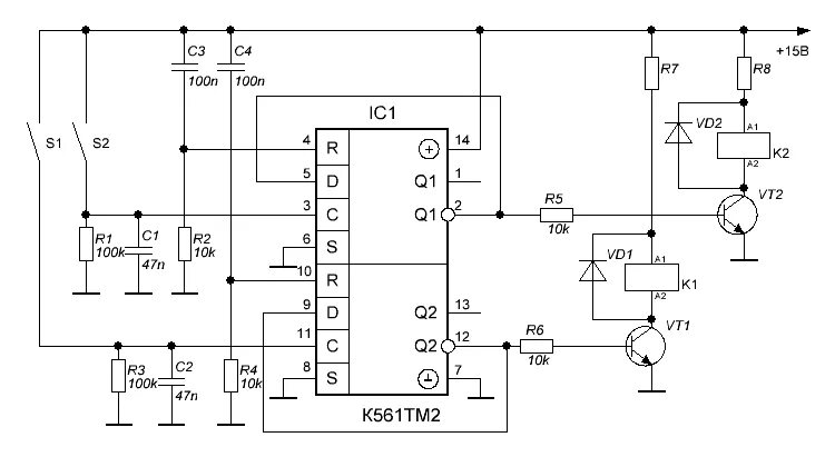Схема включения реле 1 кнопкой. Выключатель на микросхеме к561тм2. 561тм2 схема управления реле. Сенсорный переключатель на к561тм2.