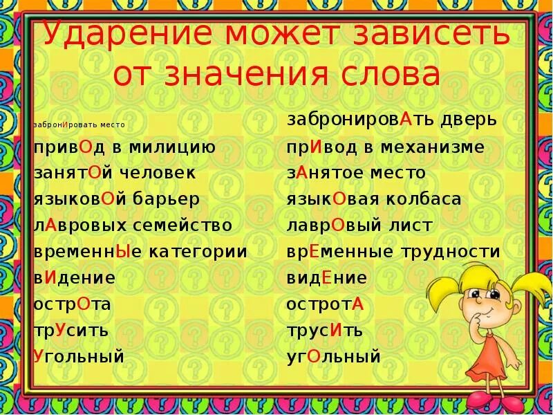 Ударение зависит от смысла. Слова которые меняют смысл от ударения. Слова от ударения меняется смысл. Слова смысл которых зависит от ударения.