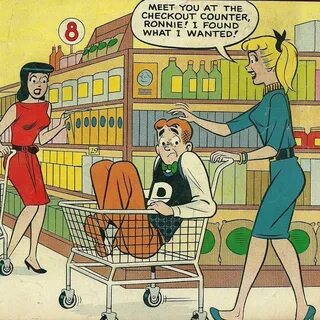 an old comic book cover with two women pushing a man in a shopping cart thr...