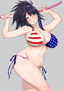 ...blue eyes, blush, breasts, cleavage, flag print, hokke (fryinghokke), in...