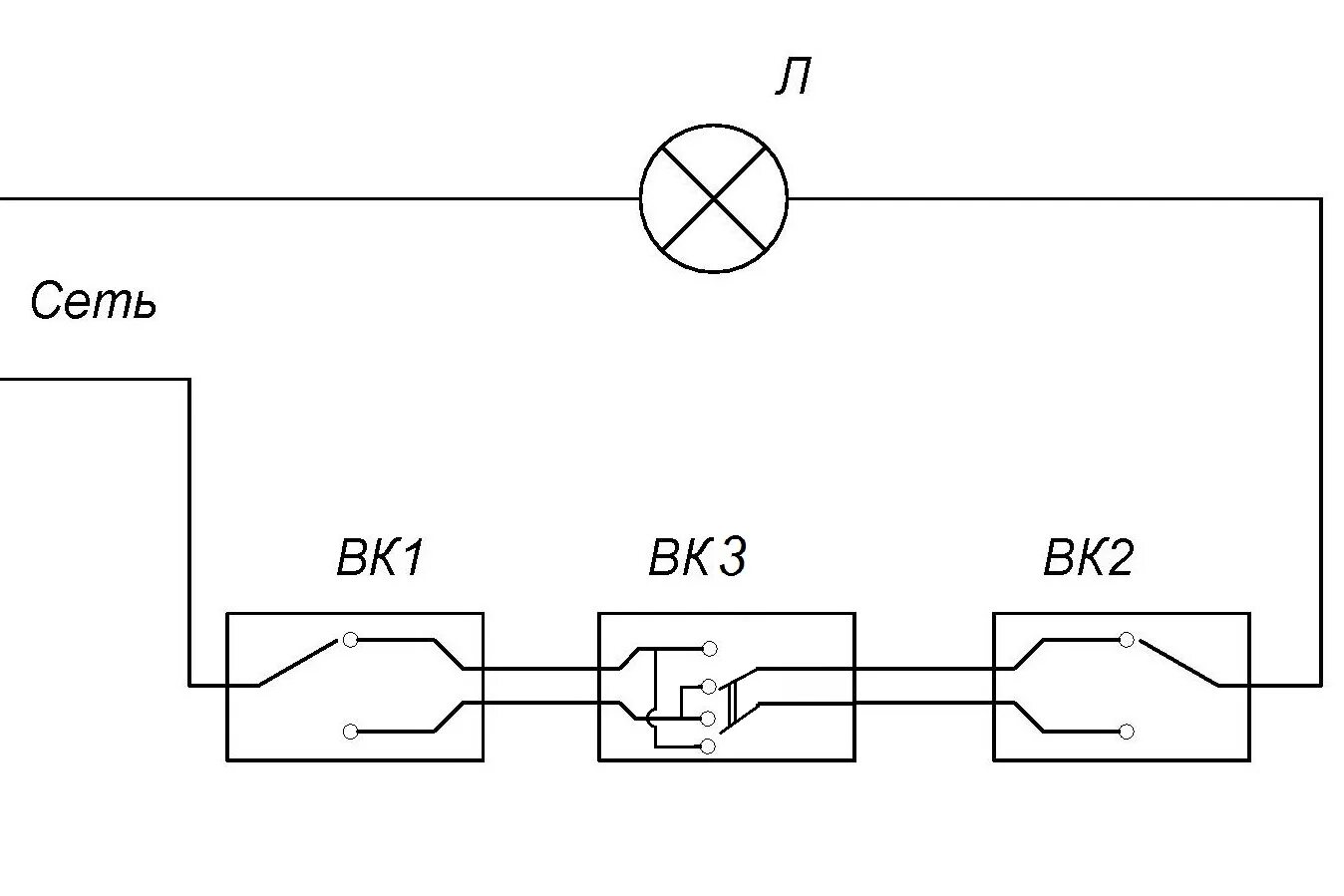 Соединение проходного выключателя. Выключатель управление с двух мест схема подключения. Электрическая схема подключения проходных выключателей. Схема подключения лампочки с двумя проходными выключателями. Схема подключения светильника с трех мест включения.