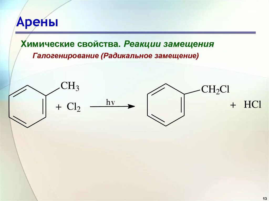 Арены типы реакций. Арены химические свойства качественные реакции. Реакция замещения арены. Реакция замещения галогенирование арены. Реакции радикального замещения аренов.