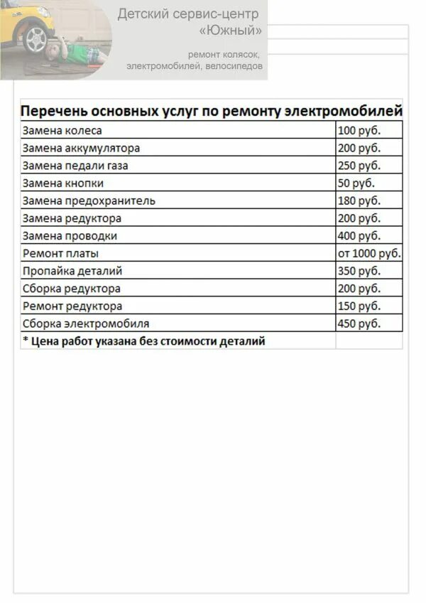 Перечень выполненных работ по ремонту электрокары. Прайс по ремонту колясок. Прайс на ремонт колясок. Прайс на ремонт велосипедов. Расценки на ремонт автомобилей