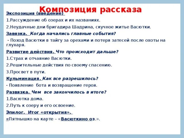 Плавучие средства в рассказе васюткино озеро. План композиции рассказа Васюткино озеро. Композиционный план рассказа Васюткино озеро 5 класс. План Васюткино озеро 5. План событии рассказа Васуткино озеро.