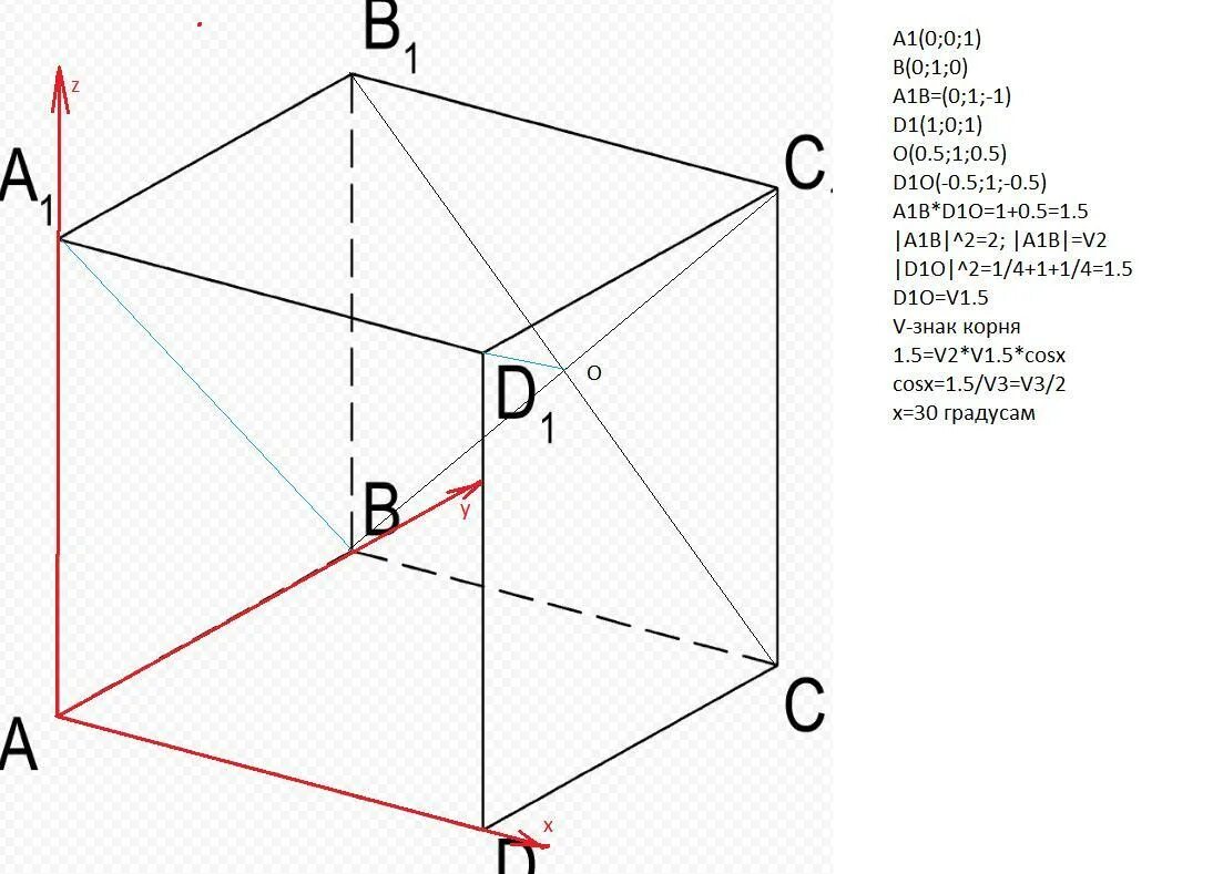 Дано: abcda1b1c1d1–куб, bd1db1= m, m(1; 1; 1).. В Кубе abcda1b1c1d1 точка k центр грани. Куб abcda1b1c1d1 центр грани ABCD. Найдите угол между диагональю Куба b1d и гранью aa1b1b.