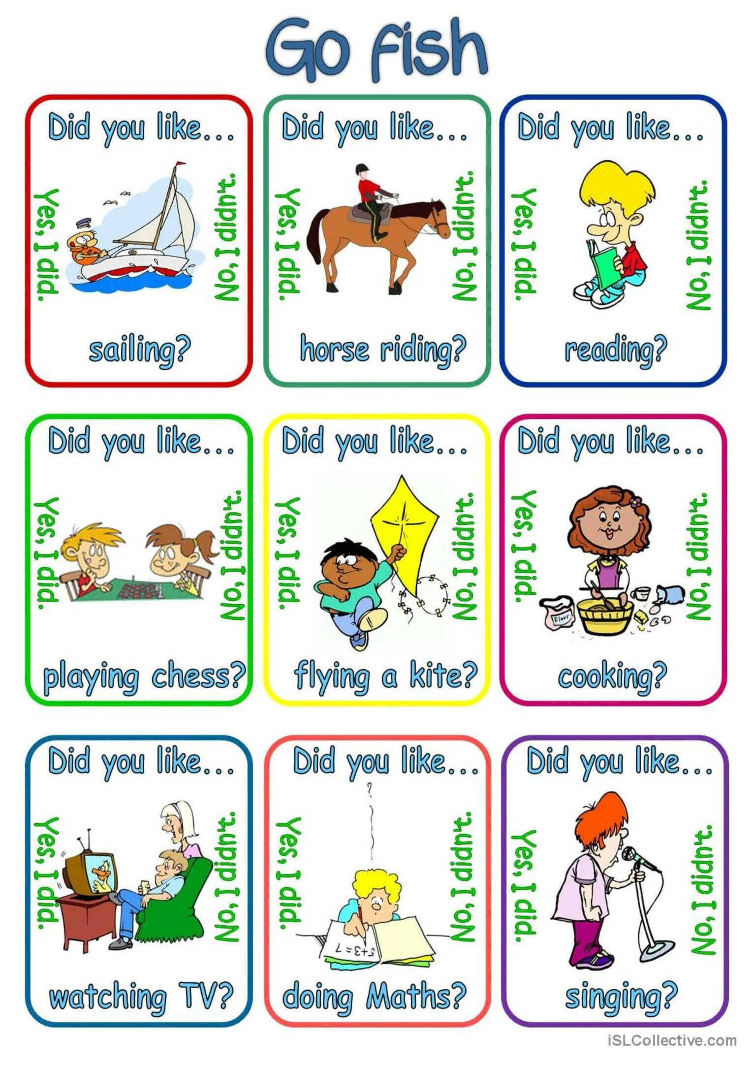 Did you like this game. Английский для детей like + ing. карточки do you like. do did does карточки. игра go fish на уроках английского.