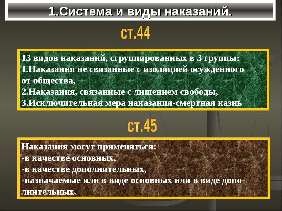 Система и виды наказаний. Классификация видов наказаний. Основной и дополнительный вид наказания. Наказания основные дополнительные и смешанные. Виды наказаний связанных с изоляцией