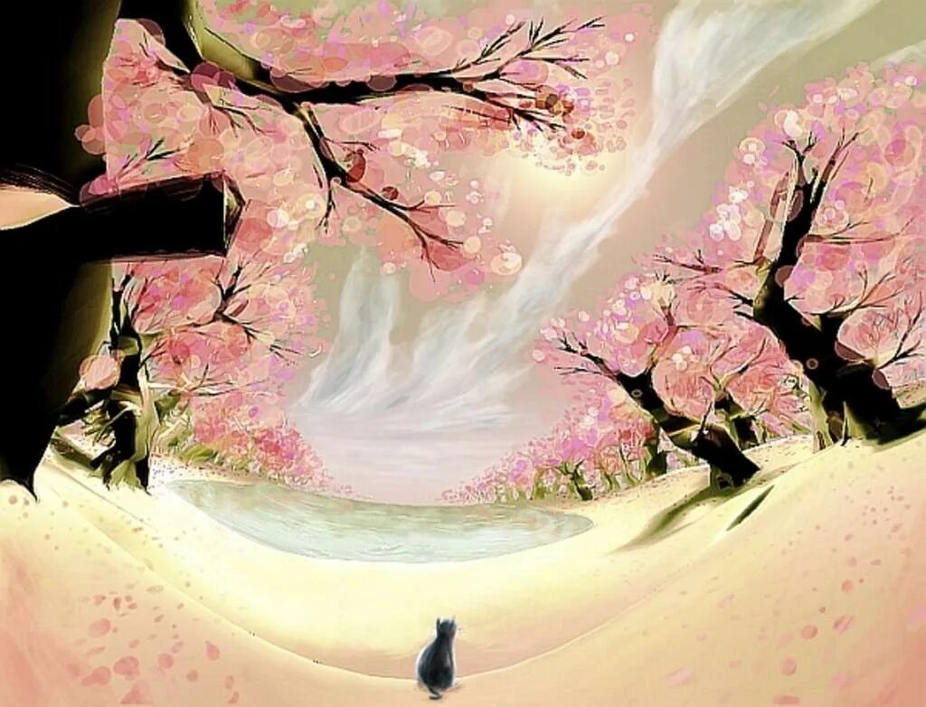 Автор сакуры. Сакура пейзаж. Японская живопись Сакура. Сакура рисунок. Сакура пейзаж рисунок.
