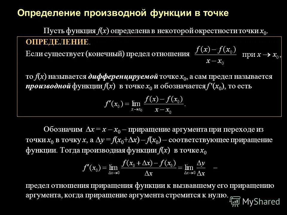 Функция имеющая производную в некоторой точке. Производная и непрерывность функции. определение дифференцируемости функции в точке. функция дифференцируема в точке. понятие функции дифференцируемой в точке.