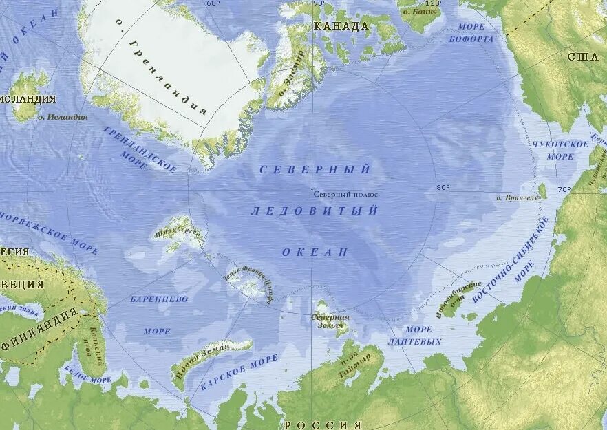 Океаны окружающие россию. Северный Ледовитый океан географическая карта. Баренцево море на карте Северного Ледовитого океана. Северный Ледовитый океан физическая карта границы.