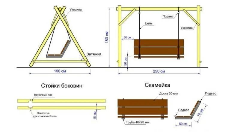 Размеры качелей для дачи своими руками