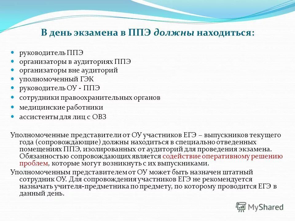 После завершения экзамена организатор вне аудитории должен