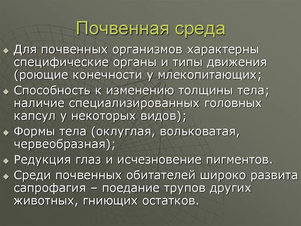 Доклад на тему почвенная среда. Почвенная среда обитания характеристика среды. Особенности обитателей почвенной среды. Характерные признаки почвенной среды. Особенности организмов почвенной среды.