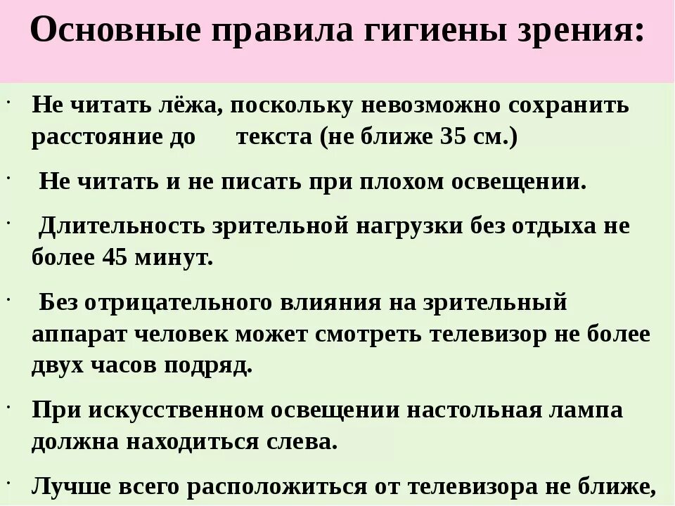 Основные принципы гигиены зрения. Памятка по гигиене зрения. Основные требования гигиены зрения. Обоснование правил гигиены зрения.