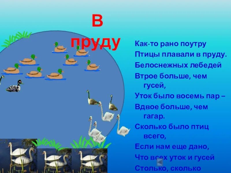 В пруду плавали несколько уток. Как то рано поутру птицы плавали в пруду. Как то рано по утру птицы плавали в пруду решение. Задача как то рано по утру птицы плавали в пруду видео.