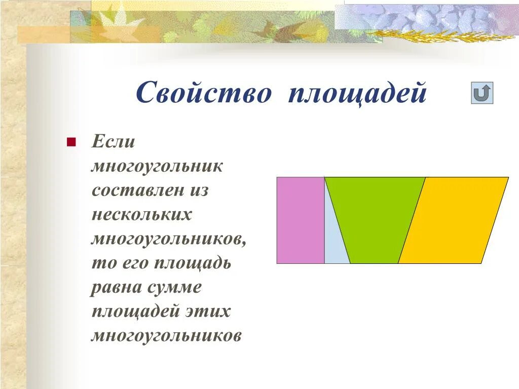 Сформулируйте свойства площадей. Свойства площадей многоугольников. Свойство площадей равных фигур. Понятие площади свойства площадей. Площадь многоугольника свойства площадей.