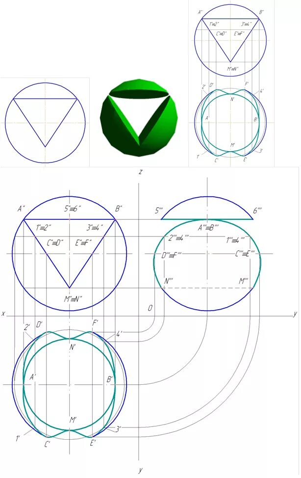 Шар формы треугольника. Сфера с вырезом Начертательная геометрия. Построить 3 проекции сферы с вырезом. Построить горизонтальную и профильную проекцию сферы с вырезом. Сфера с вырезом в трех проекциях чертежи.