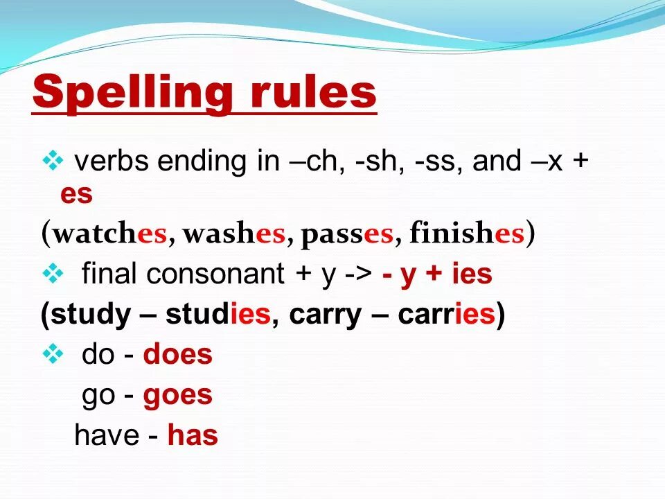 Окончание es в глаголах в английском. Present simple Spelling Rules. Present simple Spelling. Правило s в present simple. Презент Симпл s es.