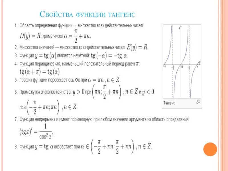 Свойства тригонометрических функций тангенс. График тангенс х свойства. Графики тангенс и его свойства. Характеристика Графика функции тангенс. Свойства функции тангенса