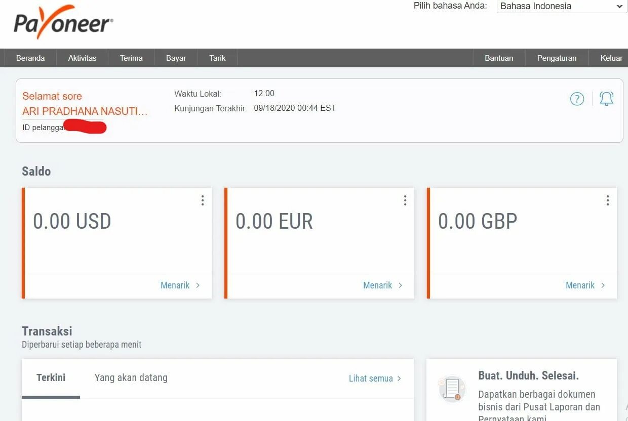 Скрин Payoneer аккаунта с транзакциями за 2023 год. Payoneer for a USD currency account, Digits #6 to #8 must be 840.