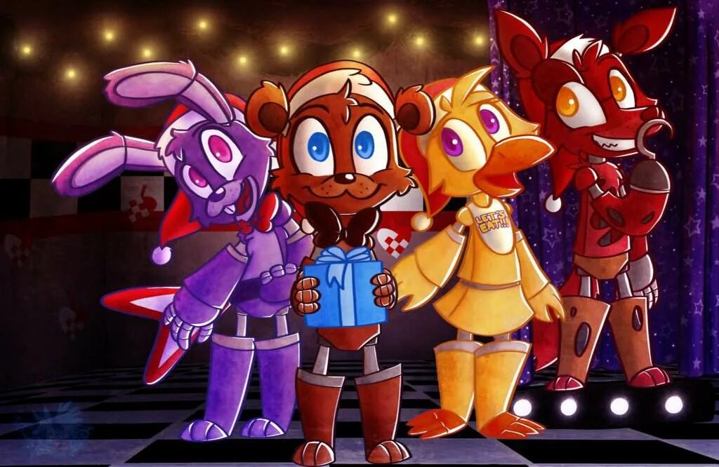 пиццерия фредди аниматроники. новогодние аниматроники. фредди бонни чика. фнф новый год. фнаф 1.